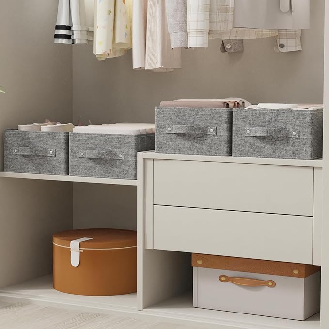 Collapsible Storage Boxes Bins, Fabric Laundry Baskets, Cube Organizer Bins for Organizing Home, Office and Closet, Grey, 3 Pack, 16.1x9.8x6.4in