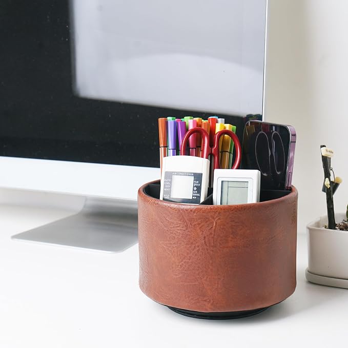 Round Leather Art Supply Organizer,Remote Control Holder,360 Degree Spinning,Multi-Functional Pencil Holder,4 Compartments Desktop Stationary Organizer(1-Crazy Red)