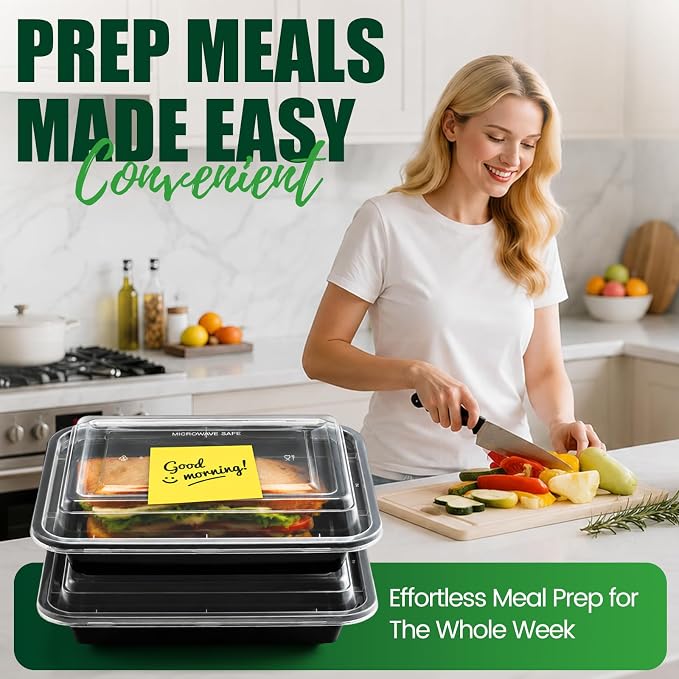 100 Pack (200-Piece) 16oz Meal Prep Containers with Lids Reusable Food Containers Leakproof & Microwave, Freezer, Dishwasher Safe Durable Plastic Storage Containers Bento Box for To Go Take Out Black