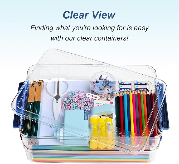 CATOOMUU 2-Pack 9x13 Clear Plastic Project Case Stackable Storage Box | 5.5Qt container with snap-tight latch, organizer for A4 files, photos, documents, scrapbooking, craft and art supplies