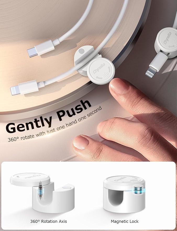 9 Pack Magnetic Cable Clips - Chfeila [Upgraded Twist-Lock] Cord Organizer, [360°Rotating Lid] Cable Management, Adhesive Wire Holder for Home Office Desk Desktop Nightstand Car Table Wall (White)