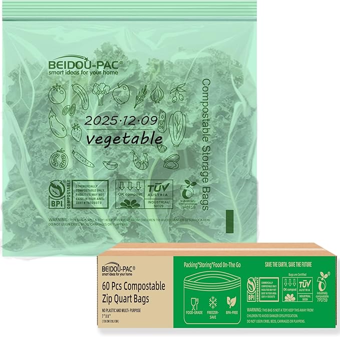 BEIDOU-PAC Compostable Quart Food Storage Freezer Bags, 60 Count | 2 Mil | 8 IN x 7 IN, Freshness Easy Open Biodegradable Eco-Friendly Reclosable Compost Zipper Bags