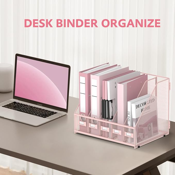 5 Vertical Compartments Magazine File Holder, Metal Binder Organizer, Pink | Space-Saving Desktop Storage, Built-In Label Holders, Anti-Slip Feet, Sized for Binders, Folders, Magazines and Files