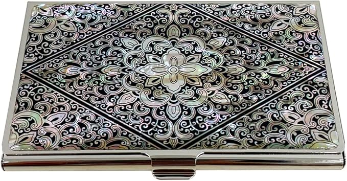Mother of Pearl Business Card Case Credit Id Name Holder Travel Wallet Art Painting Design Metal Stainless Steel Engraved Slim Purse Pocket Cash Money Wallet (Diamond Arabesque)