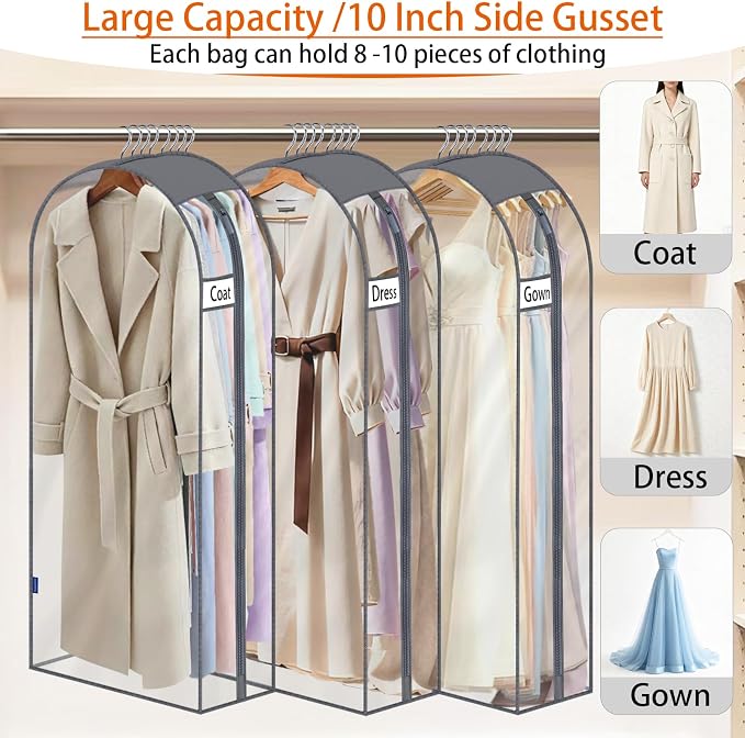 Clear Garment Bags for Hanging Clothes 10" Side Gusset, Suit Bags for Closet Storage, Suit Cover for Shirts Coats Dresses (24"X62"X10" 3Pack)