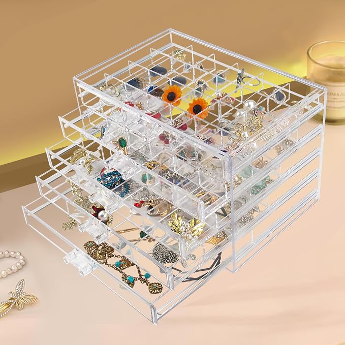 Ptaedex Jewelry Organizers and Storage, Acrylic Jewelry Box with 5 Drawers | Clear Jewelry Storage Box, Large Capacity Jewelry Holder for Rings, Earrings, Necklaces, Beads, Brooches, Hair Accessories