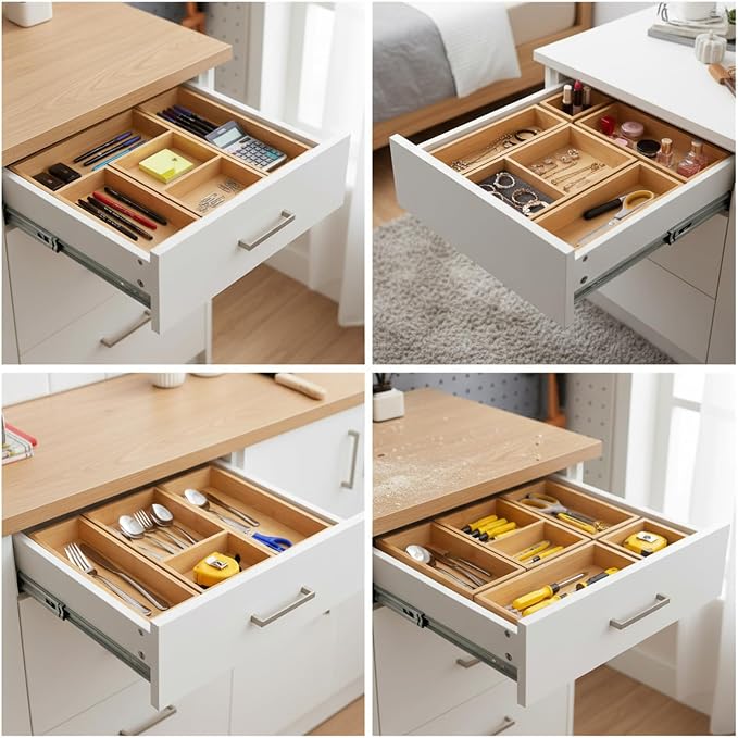 Bamboo Drawer Organizer Set, 5 Piece | Modular Wooden Storage Trays, Kitchen, Bathroom, Vanity Office Desk, Decluttering Solution, Makeup, Jewelry Office Supplies