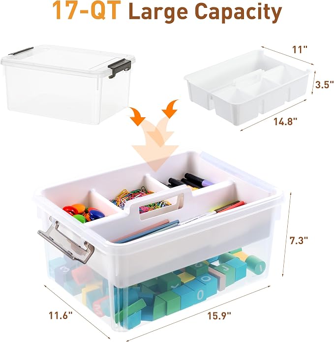 Citylife 17 QT Plastic Storage Bins Clear Storage Box with Removable Tray Stackable Latching Box with Handle for Organizing Tool, Craft, Office, Bead