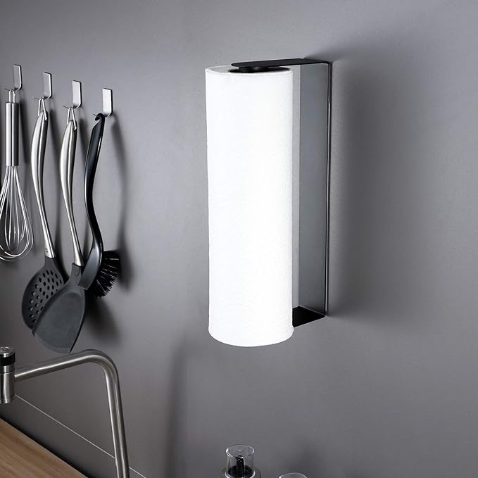 ZUNTO Black Paper Towel Holder, Self Adhesive, for Wall or Under Cabinet | Stick on Wall Vertical or Horizontal, No Drilling, Stainless Steel - Rustproof, Kitchen Roll Rack for Home, Rv or Apartment