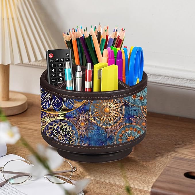 Pen Holder for Desk Organizers and Accessories, TV Remote Control Holder | PU Leather Nightstand Caddy, 360 Swivel TV, Art/Office Supplies Stationery, Table Bedside Decorations Living Room, Home Decor