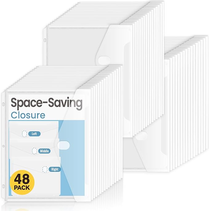 Sooez 48 Pack Binder Folders with Staggered Closures, High Capacity Binder Pockets, Clear Plastic folders, Side Loading, Binder Organizer, Binder Dividers with Pockets, Letter Size