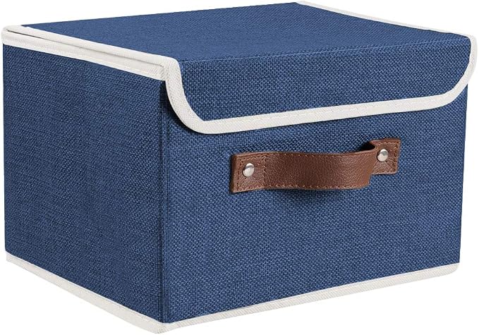 2Pack Storage Bins Boxes with Lids 10" x 8" x 7" Decorative Storage Baskets | Cotton Linen Fabric, Collapsible, Faux Leather Handles, Storage Cubes, Closet Shelf Clothes Organizer Container, Blue