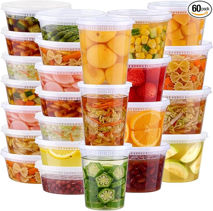 Lamosi 60 Sets Deli Containers With Lids, 8/16/32 oz Quart Containers | BPA Free, Airtight Plastic Food Storage Container, Stackable Leakproof Microwave & Freezer Safe For Soup, Sauce & Leftover