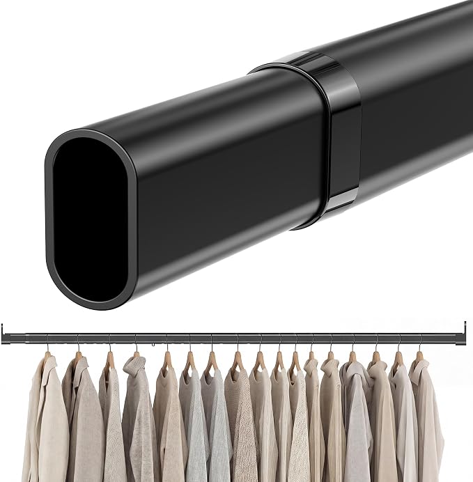 Oval Closet Rod 18-52 Inch Adjustable Closet Rods for Hanging Clothes Heavy Duty Black Poles Bar with End Supports Rust Proof Wardrobe Rod for Laundry Room RV