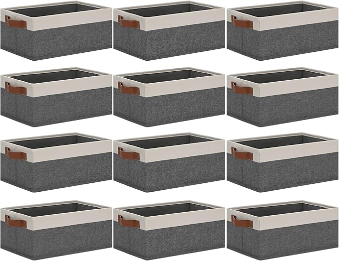 GhvyenntteS Small Fabric Storage Bins 12 Pack, Storage Basket with Leather Handles, Closet Storage Bins for Shelves, Storage Baskets for Shelves, Home, Office (Grey/White, 11.8" x 7.87" x 5.11")
