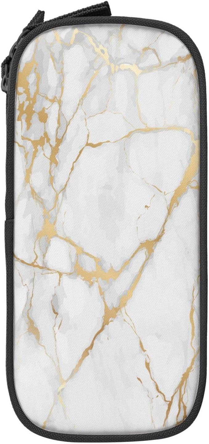 Perinsto Golden And White Marble Print Pencil Case Big Capacity Multi Compartment Stationery Box Pencil Pouch Holder Desk Organizer For School Office Home