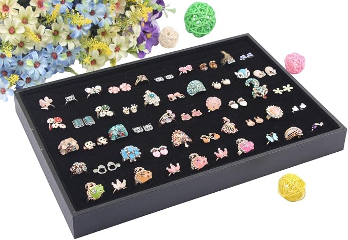 Stratelife 100 Slots Ring Organizer Tray, Stackable Jewelry Storage Display for Drawer, Velvet Jewelry Holder Case for Ring Earring Stud, 13.8" x 9.4" x 1.2", Black