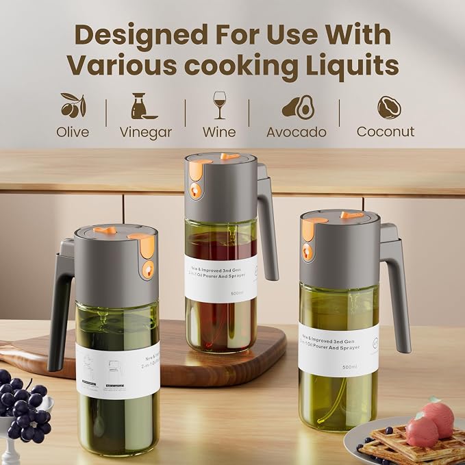 LAKUMIQI 2 in 1 Oil Sprayer & Dispenser, 17 oz Light-Blocking Glass Bottle | Large Capacity, Wide-Mouth for Easy Pouring and Cleaning, Leak-Proof Oil Bottle with Stickers for Salads, Air Fryers, BBQ