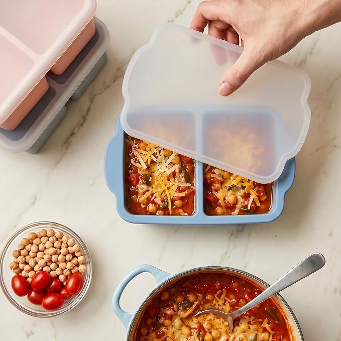 Silicone Freezer Trays with Lids, 2-Cavity Soup Molds with Reinforced Steel Rim, Versatile 1-Cup Per Compartment (5-Pack) for Broth, Sauce, Leftovers & Large Ice Cubes, Oven & Dishwasher Safe