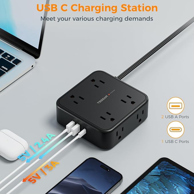 TESSAN Surge Protector Power Strip, 25 Ft Flat Plug Extension Cord with 3 USB (1 USB C) 8 Outlets, 900J Protection, 3 Sided Outlet Extender with Power Switch for Office, Dorm Room, Black