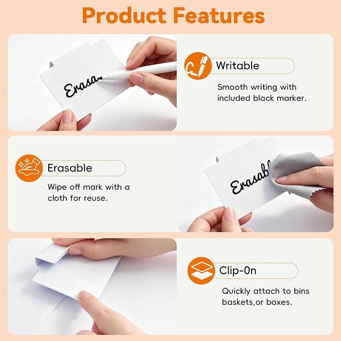 14 Pcs Set of Basket Labels Clip On for Storage Bins | 12 White Removable Bin Labels with 1 Chalk Marker&Wipe Cloth, Hanging Basket Tags for Pantry, Office, Classroom Organization