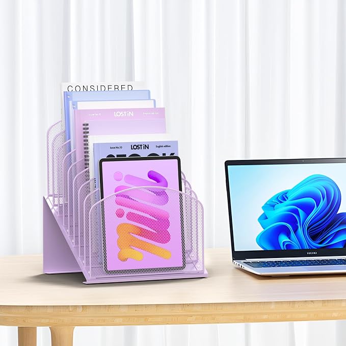 Inclined Desk File Organizer Metal Desk Magazine Folder Holder with 8-Section Vertical Compartments Rack File Organizer for Office, Home, School, Purple
