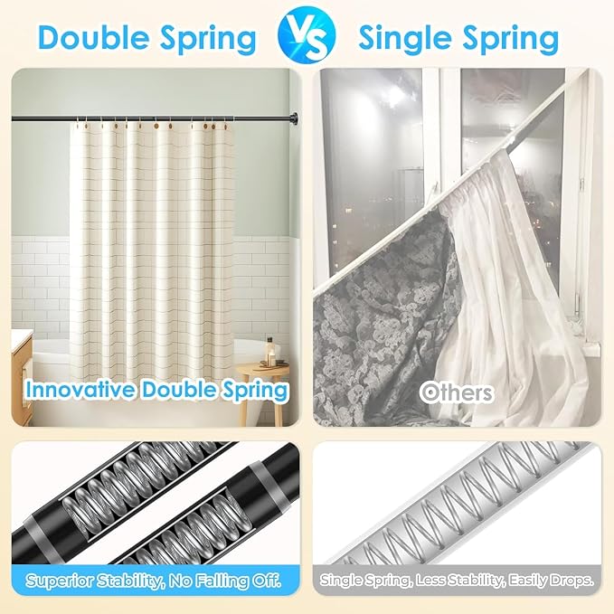 Black Spring Tension Curtain Rods Shower Curtain Rod for Bathroom, Shower Rod 42-98 Inch Adjustable,Spring Tension Curtain Rods, Rust-Resistance, Non-Fall Down, No Drilling