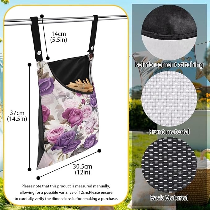 Purple Rose Handy Laundry Clothespin Bag Holds 100 Medium-Sized Clothes Pins, Waterproof Polyester Material, 2 Ropes for Hanging and Effortlessly Sliding on Clothesline
