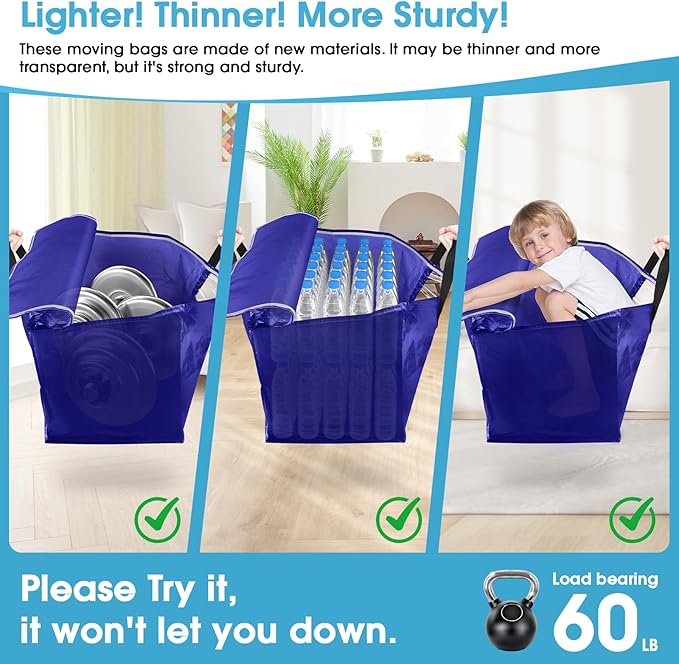 BlissTotes 6 Pack Moving Bags with Clear Window, Storage Bags with Strong Carrying Handles & Zippers,Large Packing Bags for Saving Space, Alternative to Moving Boxes(Blue,20 Gallon)