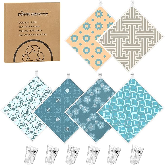 Needbrock 6 Pack Swedish Dishcloths for Kitchen, Geometric Pattern Swedish Rags Dish Towels with Clips, Reusable Paper Towels Washable Absorbent for Home Housewarming Cleaning Gifts for Mom