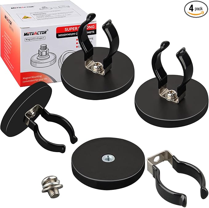 MUTUACTOR 4PCS Universal Magnetic Hooks,Anti-Slip Magnetic Mount Heavy Duty Hooks for Flashlight Holder,Large Opening Durable Magnets Flexible Clamps for Garage Organize Garden Workshop Tools Storage