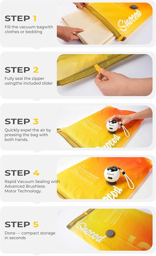 Travel Vacuum Bags with Pump, 15 Pack Vacuum Storage Bags for Clothing, Brushless Motor Type-C Rechargeable Pump, Compression Packing Bags for Travel, Suitcase, Closet and Home Storage, White