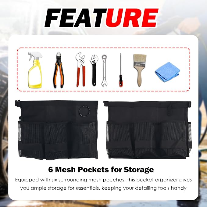 5 Gallon Bucket Tool Organizer,Car Wash Bucket Organizer | Multi-Purpose with 6 Mesh Pockets for Tool Storage,Universal 5 Gallon Buckets Tools Bag for Car Detailing & Care