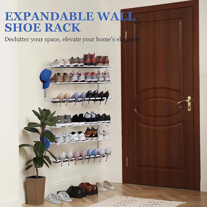 4 Pack Wall Mounted Shoe Rack, 3 Tier Hanging Shoe Rack Holds 48 Pairs, 17"-30"Adjustable Heavy Duty Metal Shoe Organizer Holder with 8 Storage Hooks, Space Saving for Closet Entryway Doorway（White)