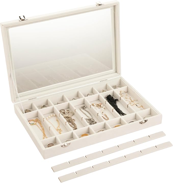 Frebeauty 35 Grid Earring Organizer,Velvet Jewelry Tray with Clear Lid | Drawer Jewelry Organizer for Rings Studs Beads,Adjustable Dividers,Dustproof Design,Earring Storage,Trinket Box,13.8×9.5Inch