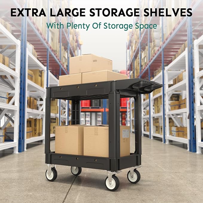 Plastic Utility Cart on Wheels, 40 x 17 Inch Rolling Service Cart-Black | 2 Shelf Work Carts, 500 lbs Capacity Heavy Duty Tool Cart W/Tub Storage & Deep Shelve, for Warehouse, Garage, Cleaning