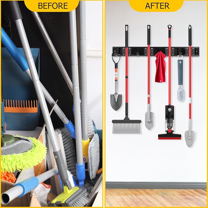 2 Pack Wall Mount Broom Holder with Sliding 3 & 4 Racks 4 Hooks，Mop Hanger | 15-30'' Broom Hanger Wall Mount,Aluminum Alloy Broom Holder Wall Mount,Broom and Mop Organizer Wall Hanging,Broom Holder