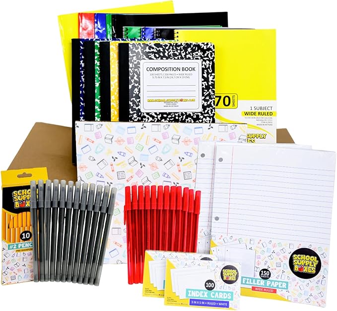 School Supply Boxes Elementary School Writing Bundle | Case (2 Boxes) - 51 Pieces per Box Back to School Essentials | Includes Composition Books, Loose Leaf Paper, Index Cards, 12 ct. Pens & More