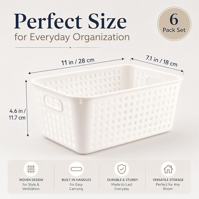 6 Pack Plastic Classroom Storage Baskets, Organizer Bins with Handle | White Color 11" × 7.1" × 4.6" Medium Papers Book Storage Organizer for School Classroom Library Office Home Desktop Bookshelf