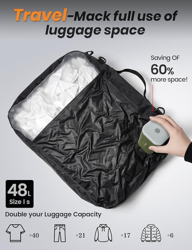 12 Travel Vacuum Bags with Pump for Travel Camping Sports Business TPU&PAPE Space Saver 2 Pack Storage with Portable Air Pump, Compression Packing for Clothes, Luggage, Suitcases - Black 48L