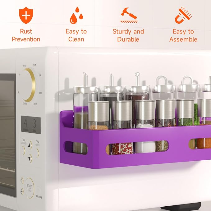Sevenblue 4-Pack Magnetic Spice Rack for Refrigerator with Hooks, Purple | Strong multipurpose magnetic shelf for kitchen & bathroom organization. Includes 4 removable hooks for hanging items.