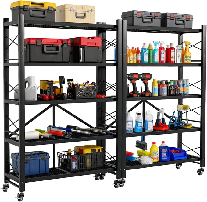 Folding Storage Shelves, Heavy Duty Garage Shelving Unit, Adjustable Metal Standing Storage Rack Shelf, No Assembly Wire Shelving Organizer with Wheels for Kitchen Pantry Warehouse (5-Tier, 2 Pack)