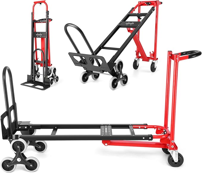 1000LBS Convertible Hand Truck, Heavy Duty Foldable Aluminum Stair Climbing Dolly with Solid Wheels for Moving/Office/Travel (Red)