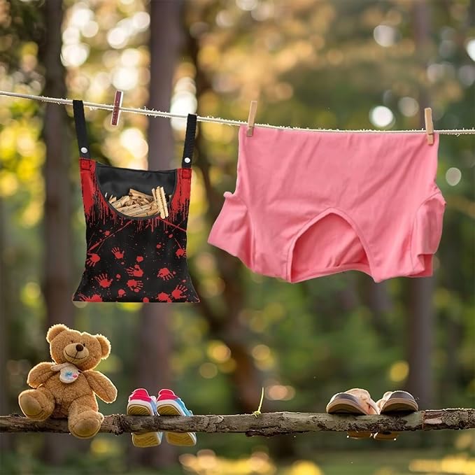 Red Blood Handprint Clothespin Bag with Hanging Hook Summer Laundry Clothes Pin Holder Waterproof Clothes Pin Hanging Bag Clothespin Storage Organizer with Large Opening