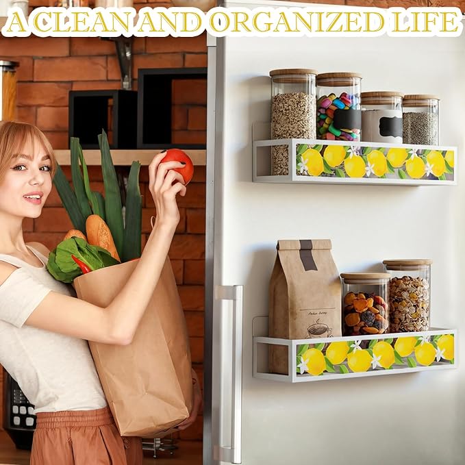Beeveer 2 Pack Lemon Magnetic Spice Rack Metal Fridge Magnet Storage Shelf for Refrigerator Condiment & Seasoning Bottles, Farmhouse Kitchen Organizer Home Decor Accessories