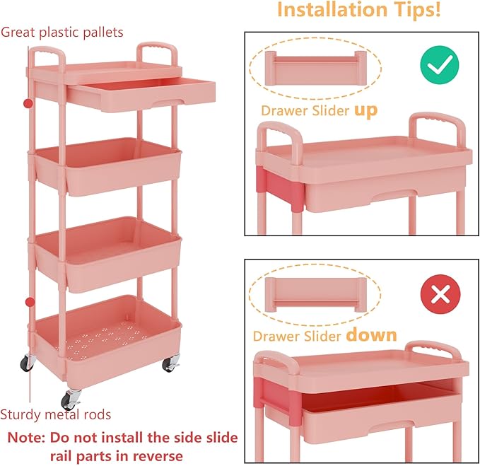 Calmootey 4-Tier Rolling Utility Cart with Drawer,Multifunctional Storage Organizer with Plastic Shelf & Metal Wheel,Storage Cart for Kitchen,Bathroom,Living Room,Office,Pink | Space-Saving Organizer, Sturdy Plastic Shelves, Smooth-Rolling Metal Wheels...