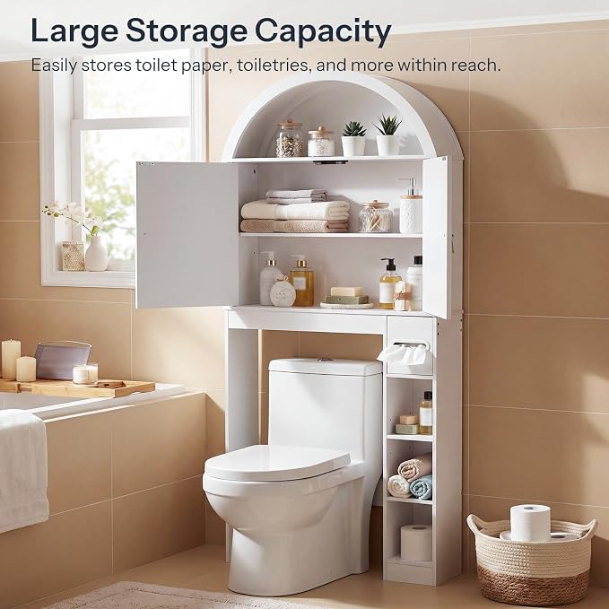 HOOBRO Over the Toilet Storage Cabinet, 67.7'' Tall Bathroom Organizer with Wave Doors, Arched Design with Adjustable Shelf, Toilet Paper Holder, Freestanding Cabinet for Narrow Space, White WT26TS01