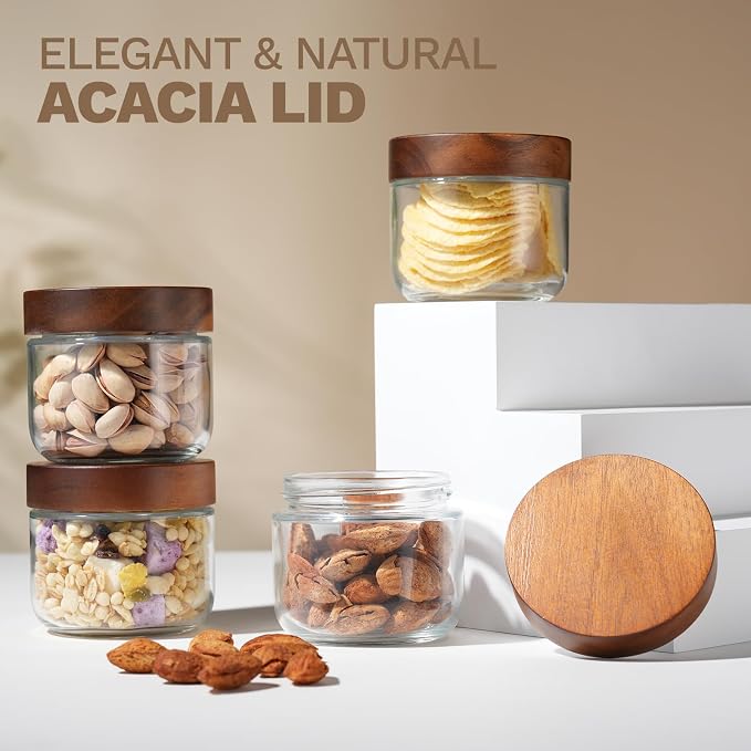 Bumobum 8 oz Glass Jars with Lids, Small Jars for Loose Leaf Tea, 6 Pack | Airtight containers with acacia wood tops and wide openings; for loose leaf tea storage, coffee, snacks, yogurt and spices.