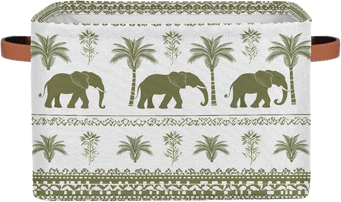 Rectangular Storage Baskets Elephant Palm Tree Fabric Storage Bin Toy Organizer Box with PU Leather Handles for Room Decor