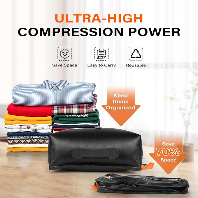3 Pack Bag with Vacuum Travel for Suitcase, 23L Overpack Vacuum Bags w/Pump | IP68 Waterproof Compression Bags For Carry On Luggage&Backpacks, Reusable Nylon Vacuum Seal Bags For Clothing Travel Kit